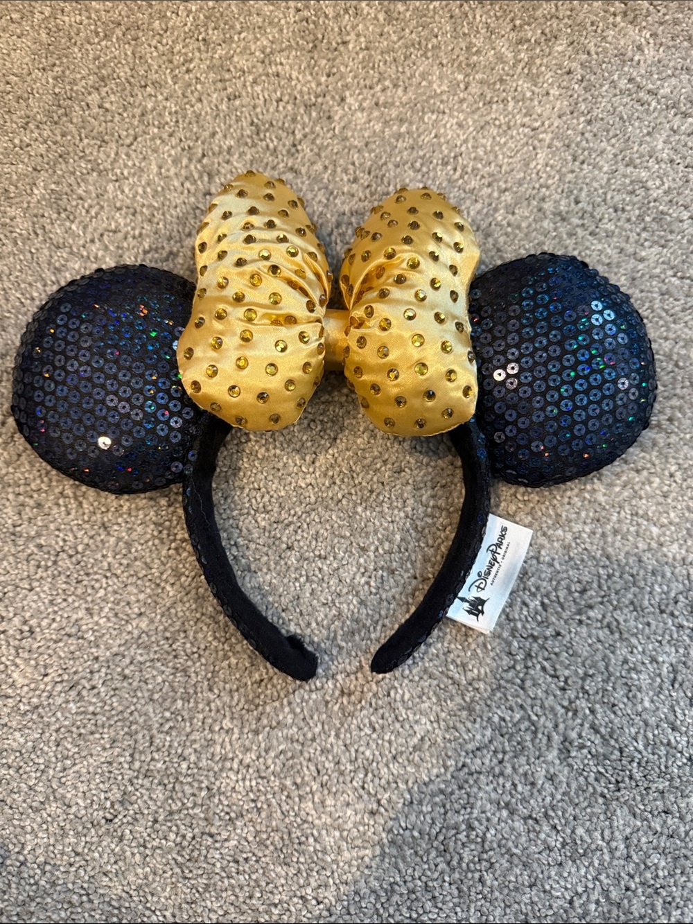Disney Parks Black Sequin Minnie Ears with Gold Studded Bow